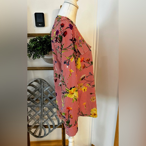 Calvin Klein Vibrant Red & White Striped Floral Button Down Blouse - Picture 4 of 10